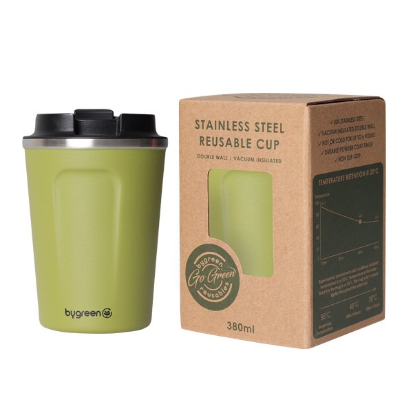 GO GREEN - REUSABLE OLIVE GREEN COFFEE CUP - 380ML
