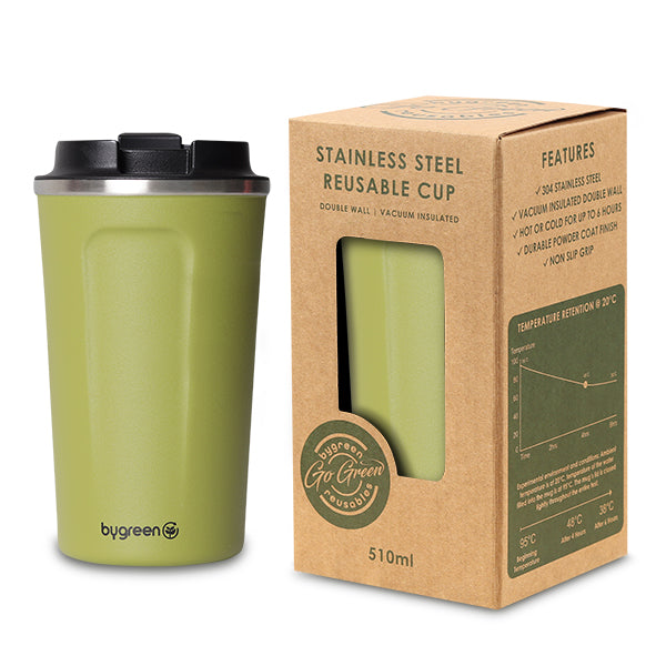 GO GREEN - REUSABLE OLIVE GREEN COFFEE CUP - 510ML