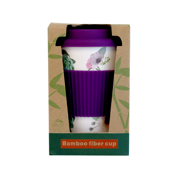 BAMBOO COFFEE CUP WITH SILICONE LID - ASSORTED DESIGNS - 400ML